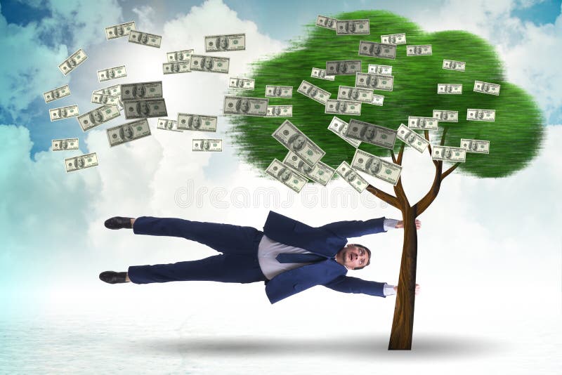 Businessman blown away from the money tree royalty free stock photos Businessman blown away from the money tree royalty free stock photos
