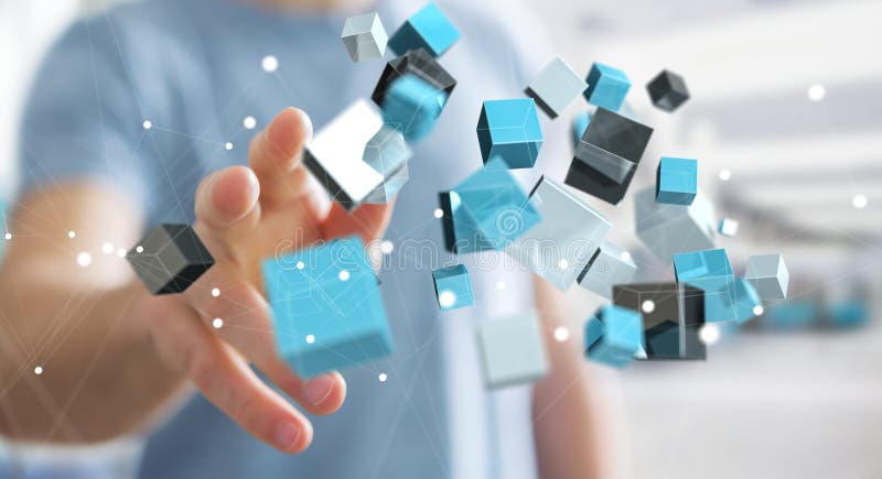 Businessman touching floating blue shiny cube network 3D rendering stock illustration Businessman touching floating blue shiny cube network 3D rendering stock illustration