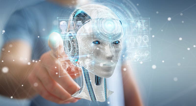 Businessman using digital artificial intelligence interface 3D r stock illustration