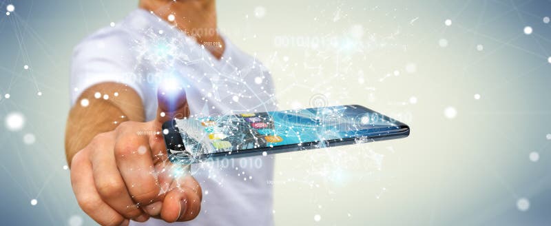 Businessman using digital binary code on mobile phone 3D rendering vector illustration