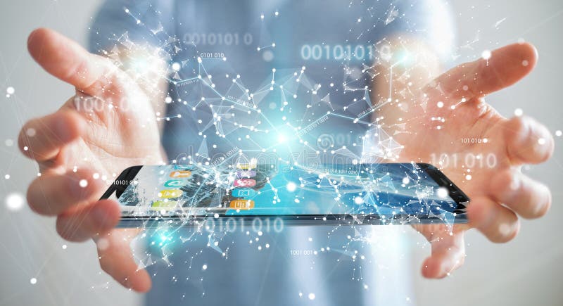 Businessman using digital binary code on mobile phone 3D rendering royalty free illustration Businessman using digital binary code on mobile phone 3D rendering royalty free illustration
