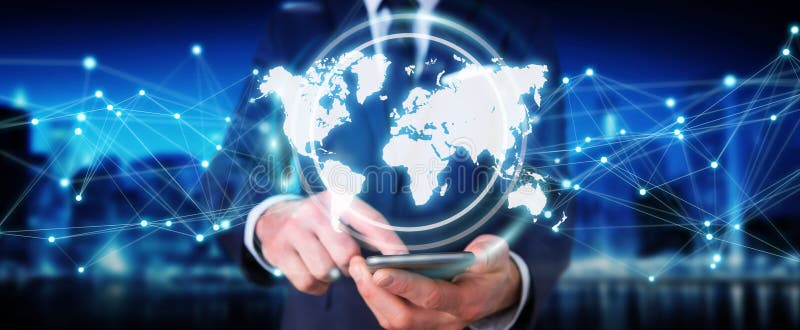 Businessman using digital world map interface 3D rendering royalty free illustration