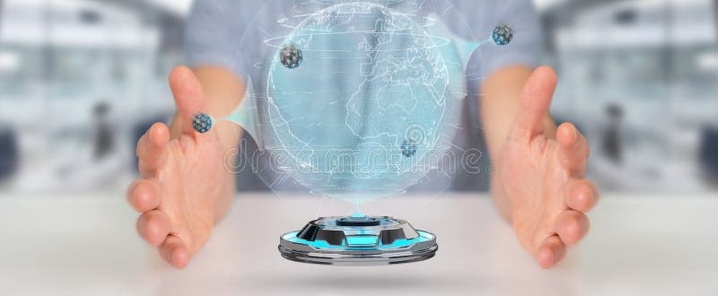 Businessman using globe network with digital connection 3D rendering stock illustration Businessman using globe network with digital connection 3D rendering stock illustration