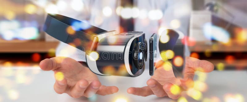 Businessman using virtual reality glasses technology 3D rendering stock illustration