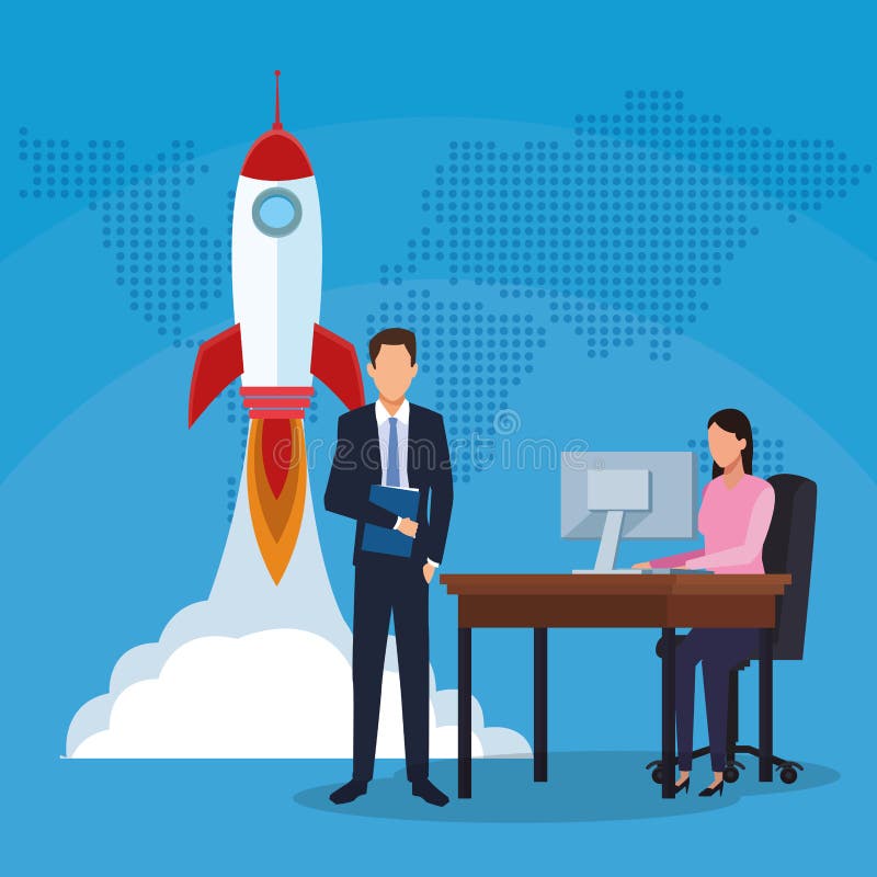 Businessman businesswoman working computer rocket success start up business vector illustration