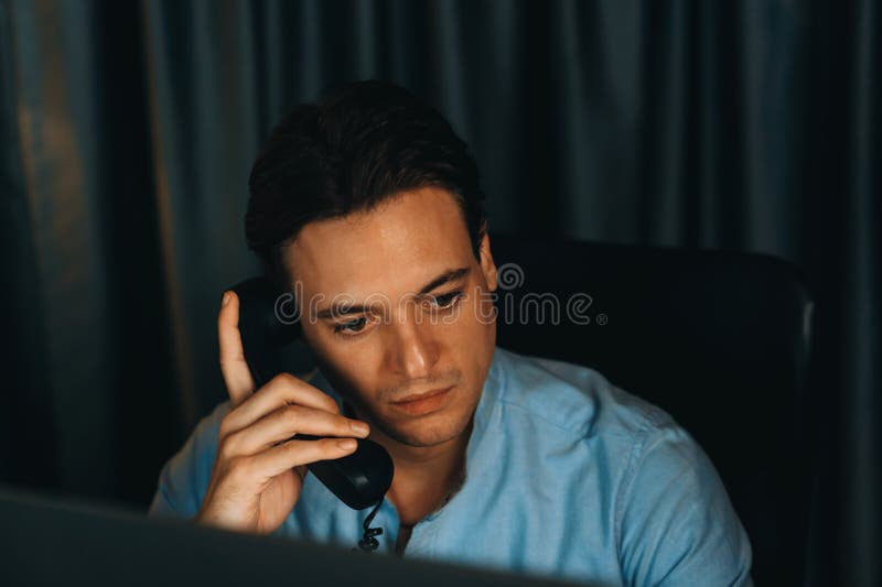 Businessman calling with telephone office consulting business data. Pecuniary. stock photos