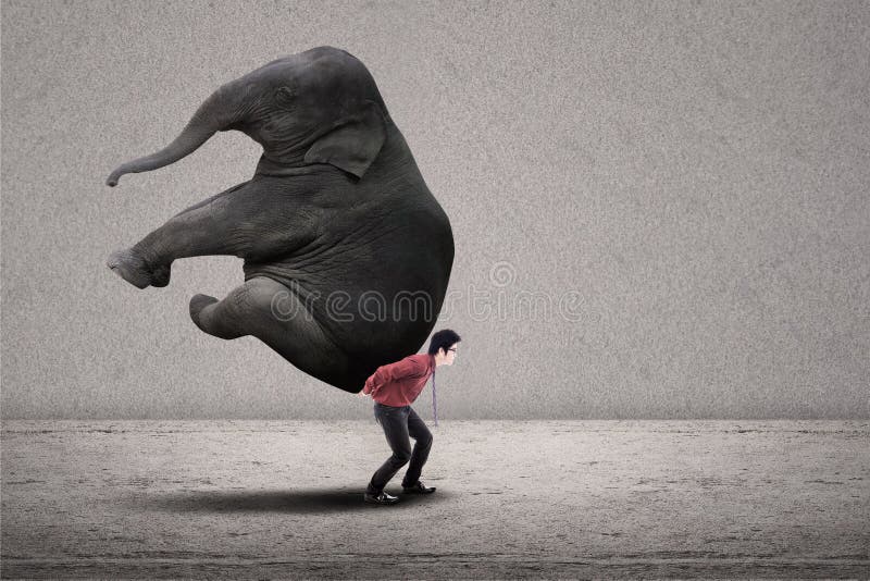 Businessman carry elephant on grey