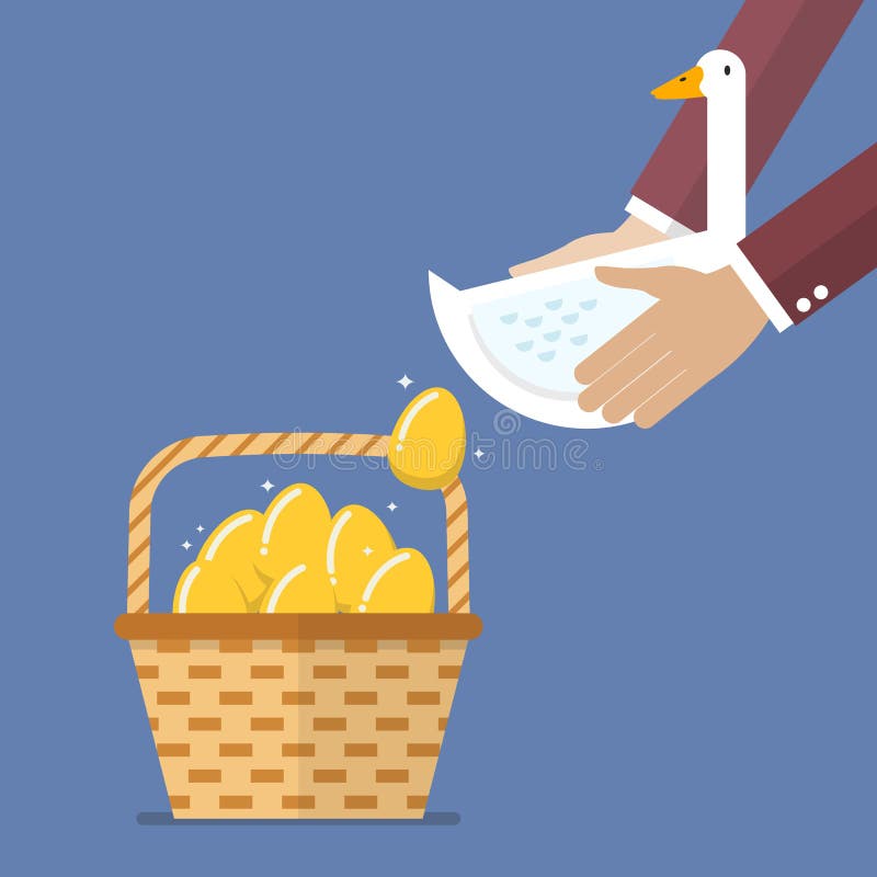 Businessman carrying goose with golden egg into basket