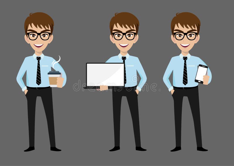 Businessman cartoon character, set of three poses. Handsome business man in office style clothes vector