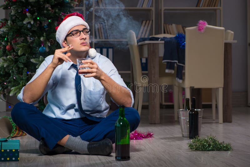 The Businessman Celebrating Christmas At Home Alone Stock Photo - Image