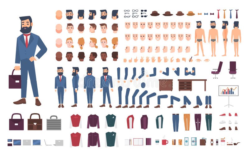 Businessman character constructor. Male clerk creation set. Different postures, hairstyle, face, legs, hands stock illustration