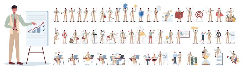 Businessman character set. Poses and meeting, data and hero.