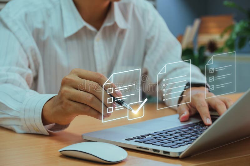 Businessman checking Document Management System (DMS) and approve. Streamline online docs, enhance file control & workflow royalty free stock photo
