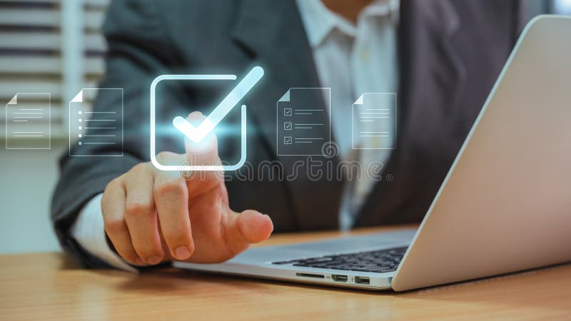 Businessman checking Document Management System (DMS) and approve. Streamline online docs, enhance file control & workflow stock image