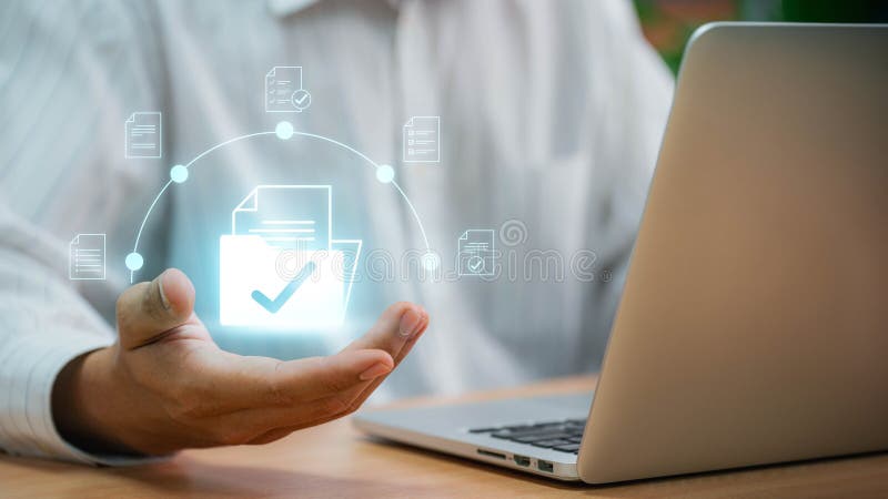 Businessman checking Document Management System (DMS) and approve. Streamline online docs, enhance file control & workflow royalty free stock images