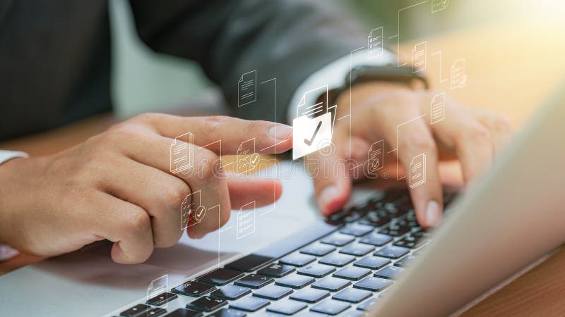 Businessman checking Document Management System (DMS) and approve. Streamline online docs, enhance file control & workflow royalty free stock image