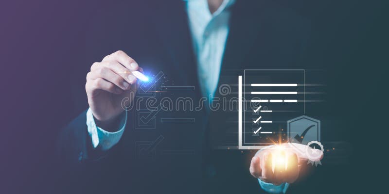 Businessman checking steps through document with a list of checkboxes ,regulation ,practices and policies ,Terms and conditions stock image