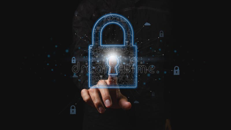 Businessman chooses the padlock icon. Cybersecurity and privacy concepts to protect data. royalty free stock image