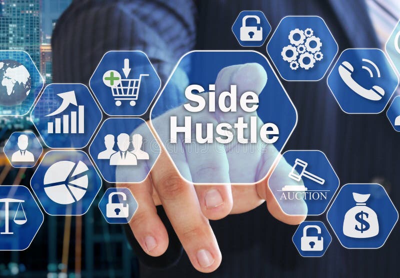 The businessman chooses the Side Hustle on the virtual screen i royalty free illustration The businessman chooses the Side Hustle on the virtual screen i royalty free illustration