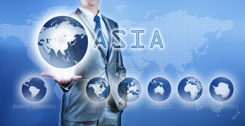 Businessman choosing asia continent on virtual digital screen