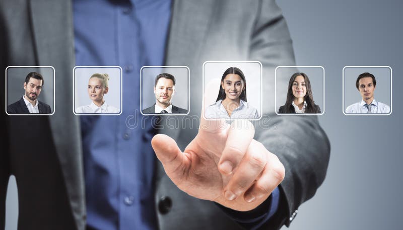 Businessman selecting person from digital interface with candidate portraits on light abstract background for recruitment concept stock image