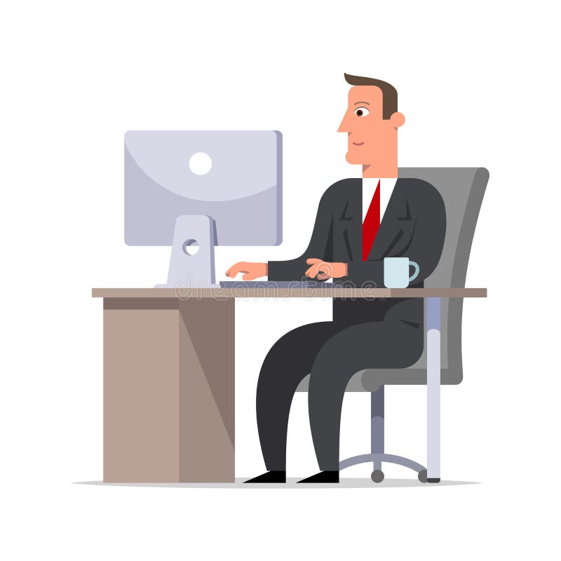 Businessman or clerk in a black suit sitting at the desk and working at the computer, looking at screen. royalty free illustration