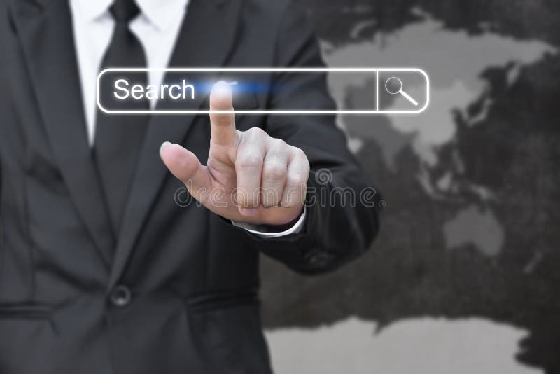 Businessman clicking internet search page on virtual screen. Concept of searching with pressing button. Elements of this image furnished by NASA royalty free stock photos Businessman clicking internet search page on virtual screen. Concept of searching with pressing button. Elements of this image furnished by NASA royalty free stock photos