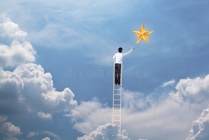 Businessman climb up on ladder to reach star, successful and win concept royalty free stock photo Businessman climb up on ladder to reach star, successful and win concept royalty free stock photo