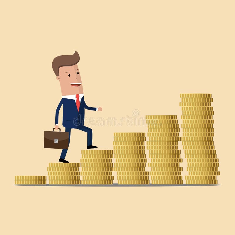 Businessman climbs the stairs of money. Symbol of revenue growth. Business concept. Vector illustration vector illustration Businessman climbs the stairs of money. Symbol of revenue growth. Business concept. Vector illustration vector illustration