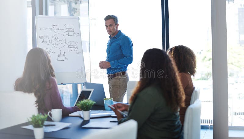 Businessman, coaching or whiteboard presentation for goals, project management or organizing task. Team leader stock photo