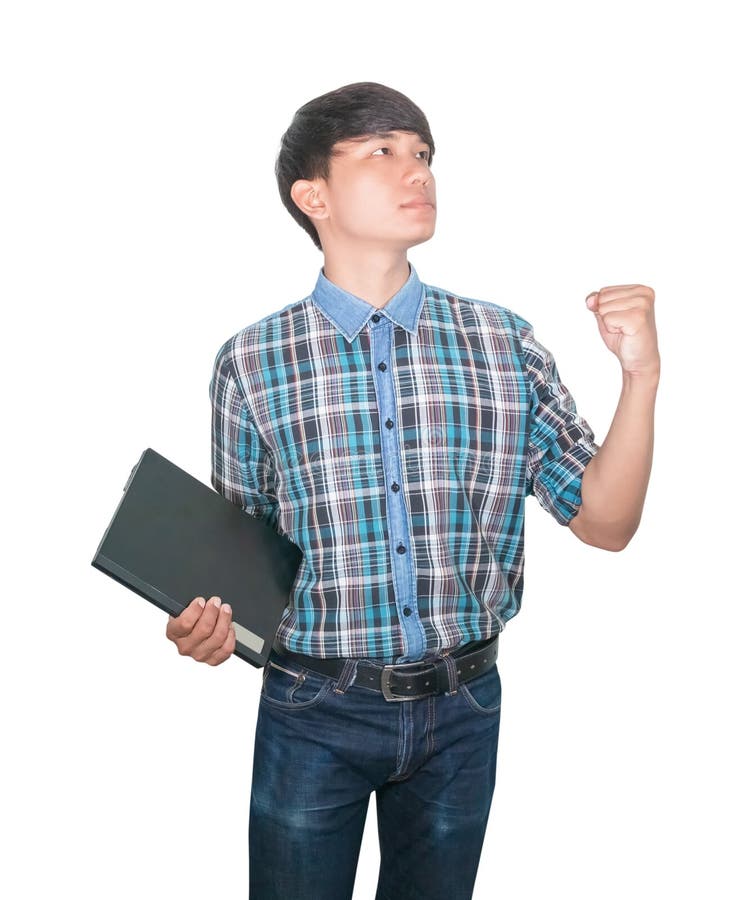 Businessman confident young using computer laptop and raised hand on white background stock images Businessman confident young using computer laptop and raised hand on white background stock images