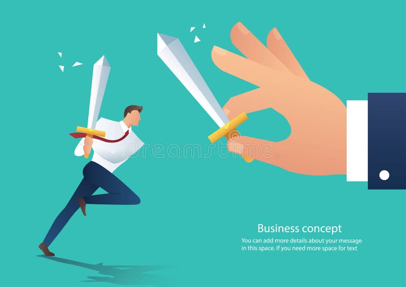 Cartoon stick man drawing conceptual illustration of two samurai  businessmen ready to fight with Japanese katana swords. Stock Vector