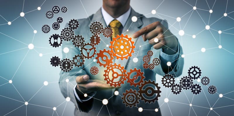 Businessman Connecting Virtual Gear In Cyberspace stock illustration