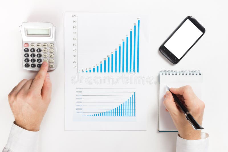 Businessman Counting Losses And Profit Working With Statistics