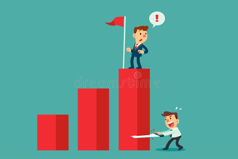 Businessman Cutting Down Bar Graph with Another Businessman on Top