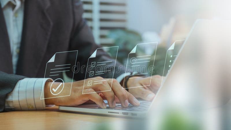 Businessman with a Document Management System (DMS). Streamline online docs, enhance file control & workflow efficiency with e- stock photo