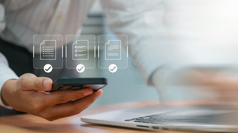 Businessman with a Document Management System (DMS). Streamline online docs, enhance file control & workflow efficiency with e- royalty free stock photos