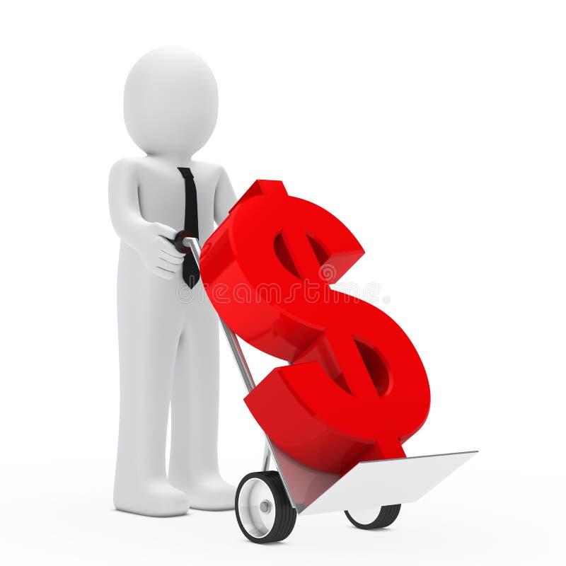 Businessman hold hand truck with red dollar. Removals symbol illustrations