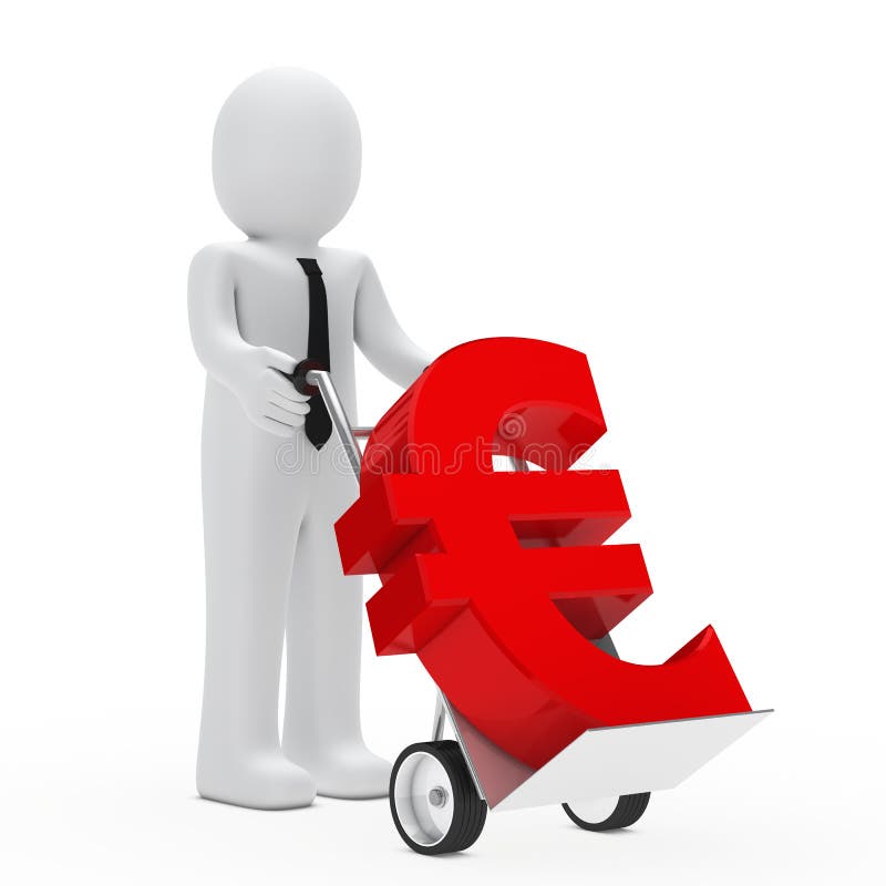 Businessman hold hand truck with red euro. Removals symbol illustrations