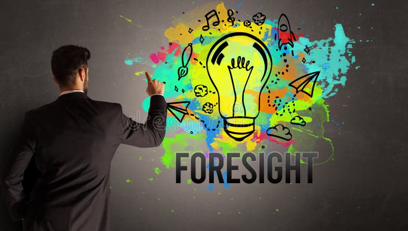 Businessman drawing colorful light bulb with FORESIGHT inscription on textured concrete wall, new business idea concept