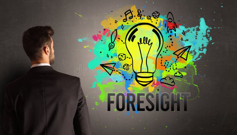 businessman drawing colorful light bulb with FORESIGHT inscription on textured concrete wall, new business idea concept