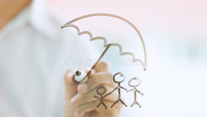 Businessman drawing family icon and house for home and health insurance concept