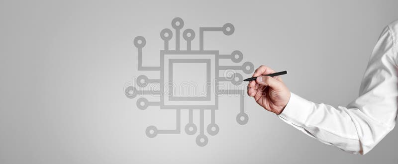 Businessman draws a computer processor chip on gray background. Future technology AI stock photography