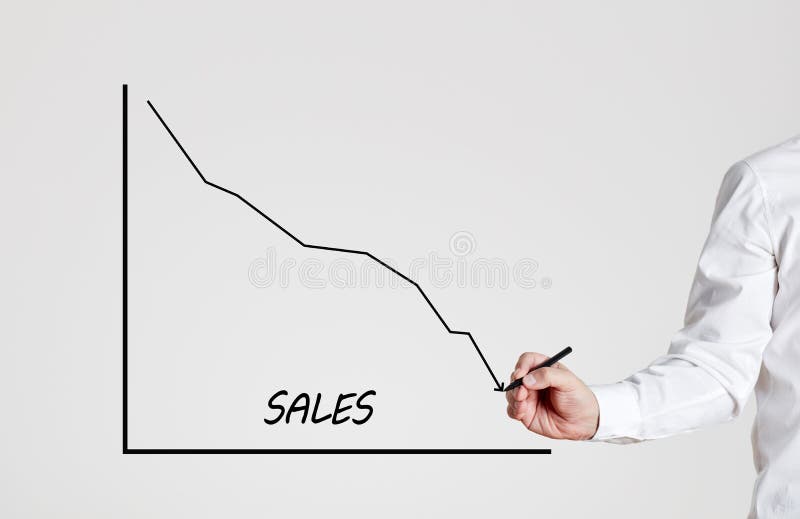 Businessman draws a declining line graph with the word sales. Decrease in sales stock photos