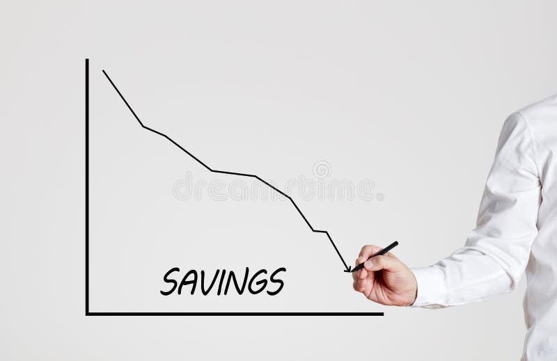 Businessman draws a declining line graph with the word saving. Decrease in savings royalty free stock photography