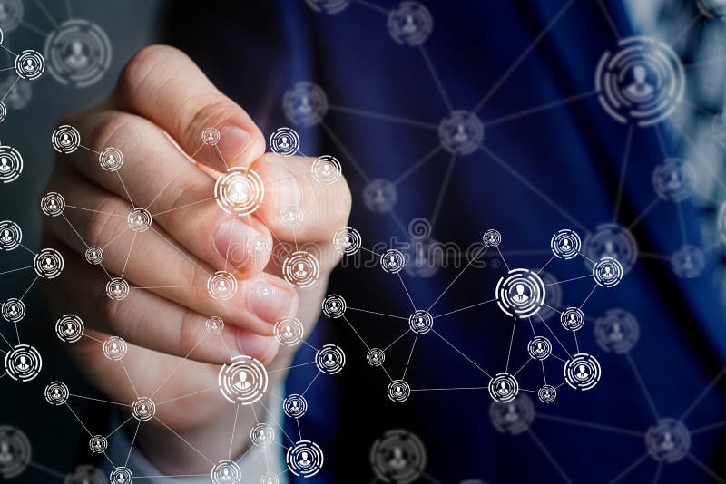 Businessman draws a diagram of network. royalty free stock photo