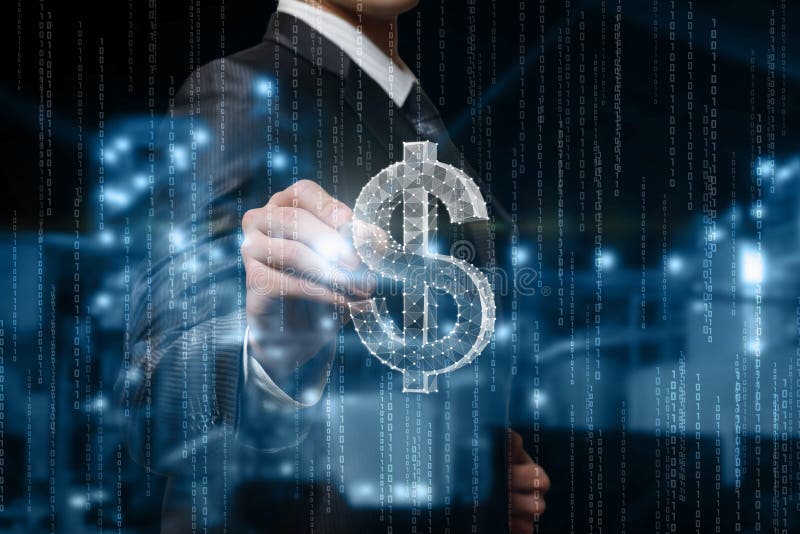 Businessman draws a hologram of a dollar sign royalty free stock photo