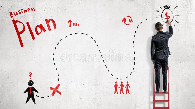 A businessman draws a red and black simplified business plan as a map to success on a white wall.