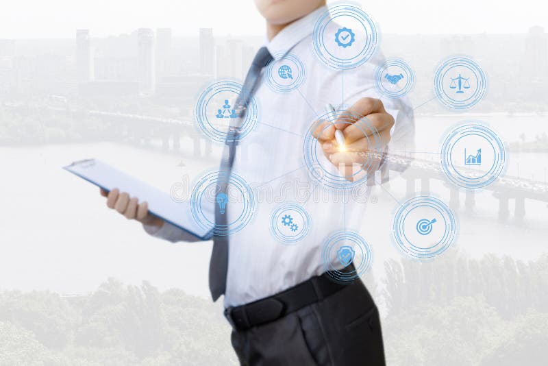 Businessman draws a structure of core values stock image