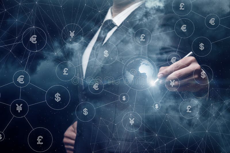 Businessman draws the structure of the global system of currency transactions stock photos